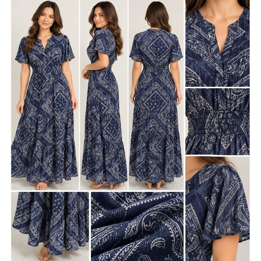 NWT Simply Vera Vera Wang S Navy Bandana Paisley Smocked Tiered Maxi Dress Boho